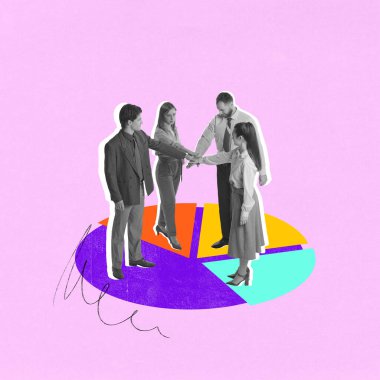 Kavramsal sanat eserleri. Turta grafiğinde bir grup insan el ele tutuşup başarılı olmak için takım çalışmasını sembolize ediyor. İş anlayışı, işbirliği, ortaklık, finans. Ad