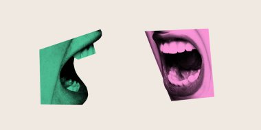 Kavramsal sanat kolajı. Canlı yeşil ve pembe iki ağız, birbirine bağırıyor ya da fikir alışverişinde bulunuyor gibi, iletişimsizliğin kaotik enerjisini yaratıyor. Absürt ve iletişim kavramı.