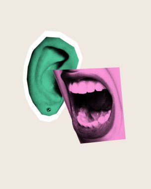 Kavramsal sanat tasarımı. Yeşil kulak pembe ağızla tamamen açık, dinlemede ve konuşmada dengesizliği gösteriyor. Absürt ve iletişim kavramı, bilgi ve ifade.
