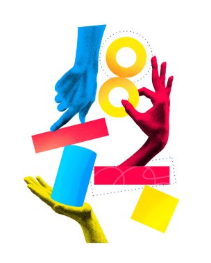 Kavramsal sanat tasarımı. Hareketli eller soyut şekilleri manipüle eder, iş stratejilerinin iş birliği içinde oluşumunu gösterir. İş anlayışı, takım çalışması, ortaklık, başarı. Ad