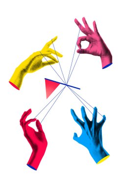 Contemporary art collage. Colorful hands weave lines around central point, connected by abstract thread, illustrating precise coordination and collaborative creation. Concept of business, teamwork. clipart