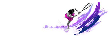 Pankart. Yaratıcı sanat tasarımı. Kadın tenisçi iş başında, etkileyici mor fırça darbelerine karşı sert vuruşlar yapıyor. Spor anlayışı, hareket, hobi. Ad