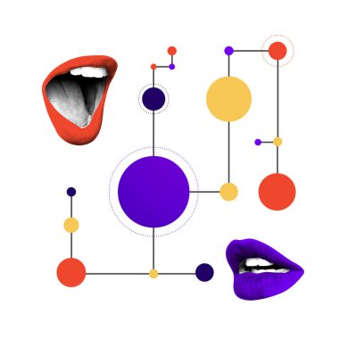 Modern sanat eserleri. Soyut geometrik düğümlerle birbirine bağlı kırmızı ve mor dudaklar iletişim ağları ve bilgi akışının kavramsal temsilini oluşturur. İletişim kavramı, fikir