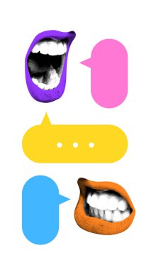 Yaratıcı sanat tasarımı. Sarı, pembe ve mavi renkli renkli dudaklar diyaloğu ve konuşmayı sembolize eder. İletişim, fikir, sosyal etkileşim kavramı.