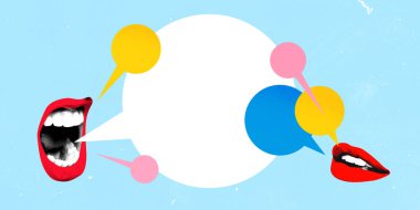 Çağdaş sanat kolajı. İki canlı dudak arasında büyük boş konuşma balonu, açık tartışmayı ve konuşulan fikirlerin gücünü sembolize ediyor. İletişim anlayışı, takım çalışması. Ad