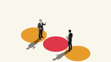 Hareketi durdur. Animasyon. İki ofis çalışanı renkli dairelerde üzerlerinde işaretle sohbet ediyorlar. Ortaklık kavramı, iş edinme, anlaşmalar, işbirliği, sözleşme. Ad