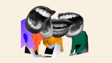 Modern sanat kolajı. Büyük ağızları açık olan iş adamları dokulu arka planda tartışıyorlar. Müzakere kavramı, iş stratejisi, liderlik, tartışma, karar verme.