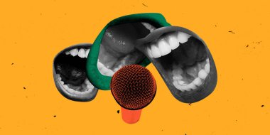 Kavramsal sanat eserleri. Turuncu arka planda kırmızı mikrofona doğru bağıran üç ağız. İş toplantısı kavramı, takım çalışması, liderlik, nüfuz, profesyonel müdahale, konuşma.