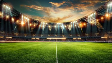 Camdan çatılı modern futbol stadyumunun geniş açılı manzarası, yukarıdaki bulutlu gökyüzüne karşı yeşil alan aydınlatan parlak stadyum ışıkları. 3 boyutlu görüntüleme. Spor etkinliği kavramı, şampiyonluk, oyun.