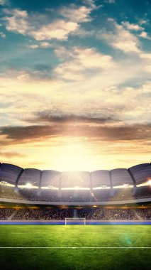 Üç boyutlu futbol sahası cam çatılı, güçlü projektörlerle aydınlatılmış, arka planda heyecanlı bir kalabalık. Spor etkinlikleri, sportmenlik, oyun, yarışma kavramı.