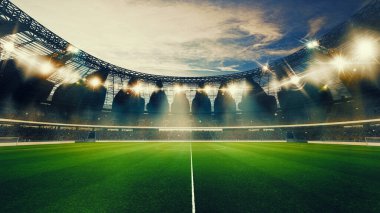 Kıvrımlı çatılı büyük futbol stadyumu, kalabalık seyirciler, altın gün batımı gökyüzünün altında canlı yeşil bir alan. Stadyum ışıkları parlıyor. 3 boyutlu görüntüleme. Spor oyunu konsepti, rekabet, şampiyonluk, zafer.
