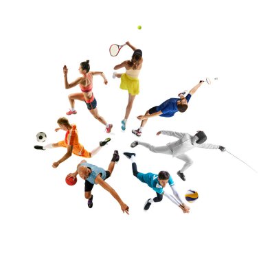 Dinamik kolaj. Çeşitli sporlardan genç ve enerjik sporcular beyaz arka plana karşı dairesel hareketler sergiliyorlar. Spor müsabakası kavramı, eylem, hareket, birlik.
