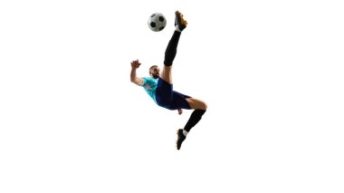 Futbol atletinin orta-hava akrobatik hareketi, mükemmel bir koordinasyonla şık bir bisiklet tekmesi, topu zafere doğru uçurmak. Mükemmellik kavramı, kesinlik, güç, şampiyonluk.