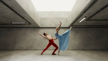 El yapımı kolaj. Erkek ve kadın, bale dansçıları modern şehir beton duvarlarında, yukarıdan tek bir ışık kaynağıyla etkileyici dansını yapıyorlar. Modernlik, sanat ve estetik birleşimi kavramı