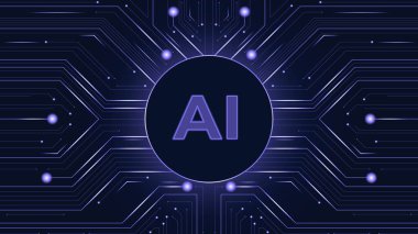 Vektör çizimi. Merkezi yapay zeka çekirdeği yayılan devrelerle dijital pazarlar arasında teknoloji ve yatırım altyapısının derin bir bütünleşmesini görselleştirir. İş kavramı, borsa, döviz