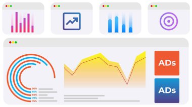 Vektör çizimi. Demografik simgeler, engeller ve hedef simgeler, iş segmentlerinin seyircileri nasıl etkilediğini ve stratejiyi nasıl ayarladığını vurguluyor. İş kavramı, borsa, yatırım.