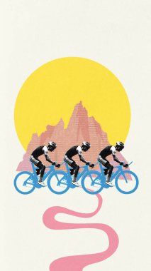 Kavramsal sanat kolajı. Üç bisikletçi şekillendirilmiş güneşe ve dağa doğru gidiyor. Irk akışı. Bisiklet takımı kavramı, antrenman, spor stratejisi, yol turnuvası.