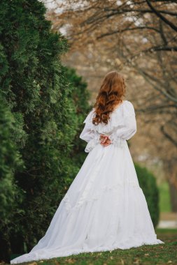 Klasik beyaz elbiseli genç bir kadın sonbahar çitleri boyunca elleri arkada katlanmış şekilde yürüyor. Sessizliği, dizginlemeyi ve unutulmuş hikayeleri simgeliyor. Bağbozumu kavramı. Hafıza, gizlilik. Kitap kapağı.
