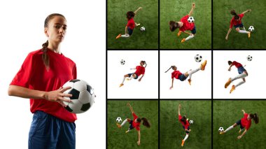 Kadın futbolu. Profesyonel futbolcunun hareketli hareketli dinamik fotoğraflarından oluşan bir set. Stüdyo arka planına karşı eylem. Top sürüyor, saldırıyor, savunuyor, kurtarıyor ve sayı yapıyor..