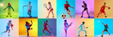 Kolaj. Çocuklar ve yetişkinler canlı neon ışıklarıyla stüdyoda dinamik spor hareketleri yapıyorlar. Profesyonel spor, eylem ve hareket kavramı, eğitim, performans, rekabet, gençlik enerjisi.