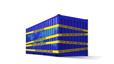 Küresel harita kaplamalı mavi yük konteynırı, gümrük engelleri, ithalat-ihracat kısıtlamaları, gümrük engelleri, küresel ekonomik gerilimi sembolize eden gümrük vergisi ve ticari mesajlarla sarılı sarı uyarı bandı.