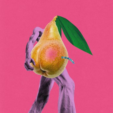 Poster. Çağdaş sanat kolajı. Solucan tarafından ısırılan sulu armutla birleşmiş kaslı erkek figürü. Erkeklik kavramı, cazibe, vitaminler, yiyecek, meyve, sağlık, yaz, mizah, sürrealizm.
