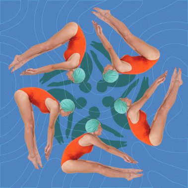 Birleşik görüntü. Kırmızı mayo giymiş senkronize dalgıçların optik yanılsaması dokulu mavi arka planda sarmal hareketler yaratıyor. Yaz, tatil, tatil, spor, moda ve tarz kavramı.