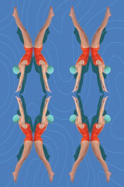 Sanatsal kompozisyon. Turuncu mayo mayo giymiş yüzücülerin simetri ve gölgelerle dalışlarının aynalı illüzyonu. Yaz, tatil, tatil, spor, moda ve tarz kavramı.