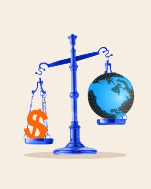 Çağdaş kolaj. Para ve gezegen mavi ölçekli, ekonomik önceliklerde dengesizlik gösteriyor. Küresel ekonomik kriz kavramı, enflasyon, tarifeler, mali dengesizlik, ticaret baskısı