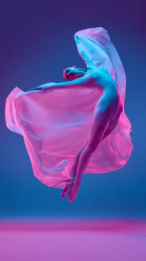 Dans eden kadın, canlı neon ışıkları altında pembe kumaşla, güzellik ve bale sanatı arasındaki bağlantıyı sembolize eden gradyan stüdyo alanına karşı heykel hareketi yaratır. Estetik kavramı, müzik.