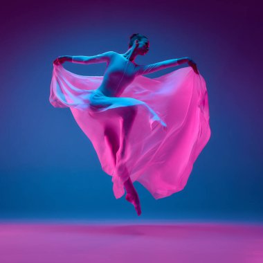 Balerin, neon mavisi gradyana karşı fiziksel enerji ve ruhani duyguların füzyonunu vurgulayan pembe peçeyle zarifçe süzülür. Dans güzelliği kavramı, müzik, özgürlük, hareket, estetik.