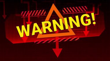 Hareketi durdur. Animasyon. Uyarı işareti ve düşen oklar sektörler arasında acil ekonomik risk ve kriz koşullarını vurguluyor. Acil durum uyarısı, hisse senedi çöküşü, istikrarsızlık, finansal uyarı