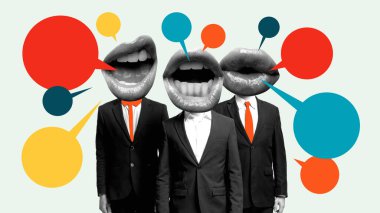 Çağdaş sanat kolajı. Ses Liderliği. Konuşma baloncuklarıyla çevrili takım elbiseli üç otoriter şahsiyet. İletişim, propaganda, fikir, gazetecilik kavramı.