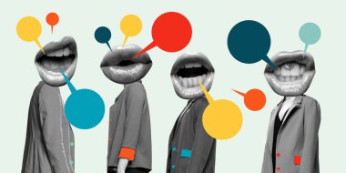 Modern sanat kolajı. Toplumun Sesleri. Büyük ağızlı dört karakter, birden fazla konuşma baloncuğuyla çevrili olarak yan yana durur. İletişim, propaganda, fikir, gazetecilik kavramı