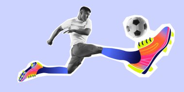 Poster. Modern sanat eserleri. Saldırı enerjisi. Canlı kramponlar ve hareketli duruş ile ileri sıçrayışlar, donmuş bir tekme. Profesyonel spor anlayışı, aktif yaşam tarzı, bahis, oyun.