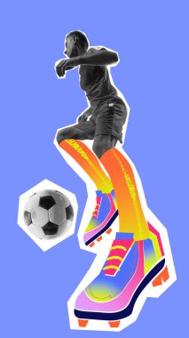 Poster. Kavramsal sanat kolajı. Oyuncu canlı gradyan kramponlar ve turuncu çoraplar giyerken topu kontrol etmeye odaklanır. Profesyonel spor anlayışı, aktif yaşam tarzı, bahis, oyun.