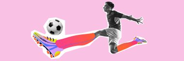 Pankart. Modern sanat eserleri. Genç adam büyük boy çizmeleri parlak renklerde giyerek topa tam gaz vuruyor. Spor olayları kavramı, aktif yaşam tarzı, bahis, oyun, hareket.