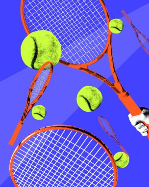 Poster. Canlı kavramsal sanat eserleri. Kırmızı tenis raketleri ve neon topları mavi arka planda hareket ediyor. Cesur pop sanatının renkleri ve tarzı. Spor müsabakaları, oyunlar, şampiyonluk. Ad