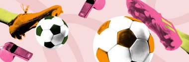 Pankart. Kavramsal sanat kolajı. Futbol kramponları, futbol topları ve yumuşak arka planda pembe ıslıklar. Spor müsabakaları, oyunlar, şampiyonluk. Pop sanat tarzı. Doku efekti. Ad