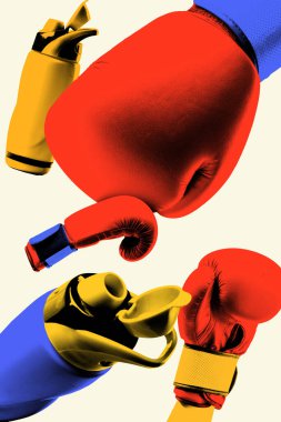 Poster. Cesur modern sanat eserleri. Yumuşak arka planda renkli su şişeleri olan kırmızı boks eldivenleri. Doku efekti. Pop sanat tarzı. Spor etkinlikleri, oyunlar, şampiyonluk, şampiyonluk konsepti.