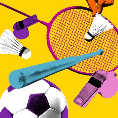 Kavramsal sanat kolajı. Raket, mekik, düdük, beysbol sopası ve futbol topu. Pop sanat tarzı. Doku efekti. Beden eğitimi, spor müsabakası, hareket kavramı. Ad