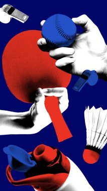 Kavramsal sanat kolajı. Elleri kürekleri, beyzbolu, ıslığı, şişeyi ve mekik aletini renkli blok boşluğunda tutan eller. Pop sanat tarzı. Doku efekti. Beden eğitimi, spor müsabakası, hareket kavramı. Ad