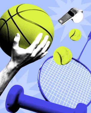 Kavramsal sanat kolajı. Mavi dambıl, basketbol, el, ıslık ve tenis takımları minimalist, kalın bir düzende. Pop sanat tarzı. Doku efekti. Beden eğitimi, spor müsabakası, hareket kavramı. Ad