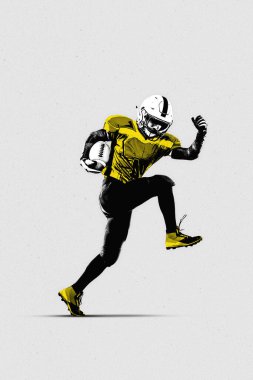 Poster. Çağdaş sanat eserleri. Sarı dişli futbol atleti ileri sıçrıyor, topu sıkıca kavrıyor, enerjisi çarpışmanın ortasında yakalanıyor. Doku efekti. Amerikan futbolu, şampiyonluk, spor bahisleri.