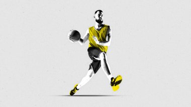 Poster. Çağdaş sanat eserleri. Sarı dişli basketbolcu topla ileri gidiyor, gözler sahayı odakla tarıyor. Doku efekti. Spor etkinliği kavramı, yoğunluk, eğitim, strateji.