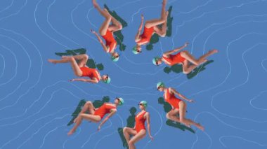 Hareketi durdur. Animasyon. Gölgeler ve dalgalarla çevrili sarmal bir uyum içinde yüzen turuncu mayo giymiş kadınların görsel illüzyonu. Yaz, tatil, tatil, spor, moda ve tarz kavramı