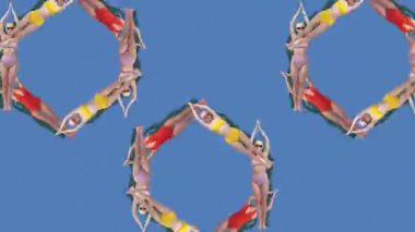 Hareketi durdur. Animasyon. Yüzücülerin kırmızı, sarı ve mor renkli takımlarla canlı mavi tuval üzerinde yüzmelerinin yanılsaması. Yaz, tatil, tatil, spor, moda ve tarz kavramı.