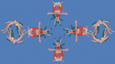 Hareketi durdur. Animasyon. Görsel ızgara boyunca simetrik çiçek düzeninde kırmızı ve leylak yüzücülerinin tekrarlanan illüzyonları. Yaz, tatil, tatil, spor, moda ve tarz kavramı.