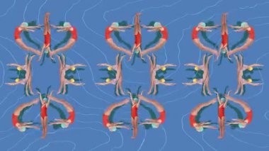 Hareketi durdur. Animasyon. Dalgalar gibi dalgalar oluşturan yüzücülerin optik illüzyonları dalgalı hareketlerle simetrik bir düzen oluşturuyor. Yaz, tatil, tatil, spor, moda ve tarz kavramı.