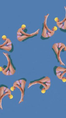 Hareketi durdur. Animasyon. Sarı başlıklı yüzücülerin katlanmış V pozunda hipnotik dairesel ritim oluşturdukları görsel bir yanılsama. Yaz, tatil, tatil, spor, moda ve tarz kavramı.